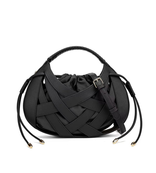 myfriday Woven Crossbody Bag for Women, Semicircle Boho Handbag Vegan Leather Shoulder Hand Purse with Drawstring (Black)