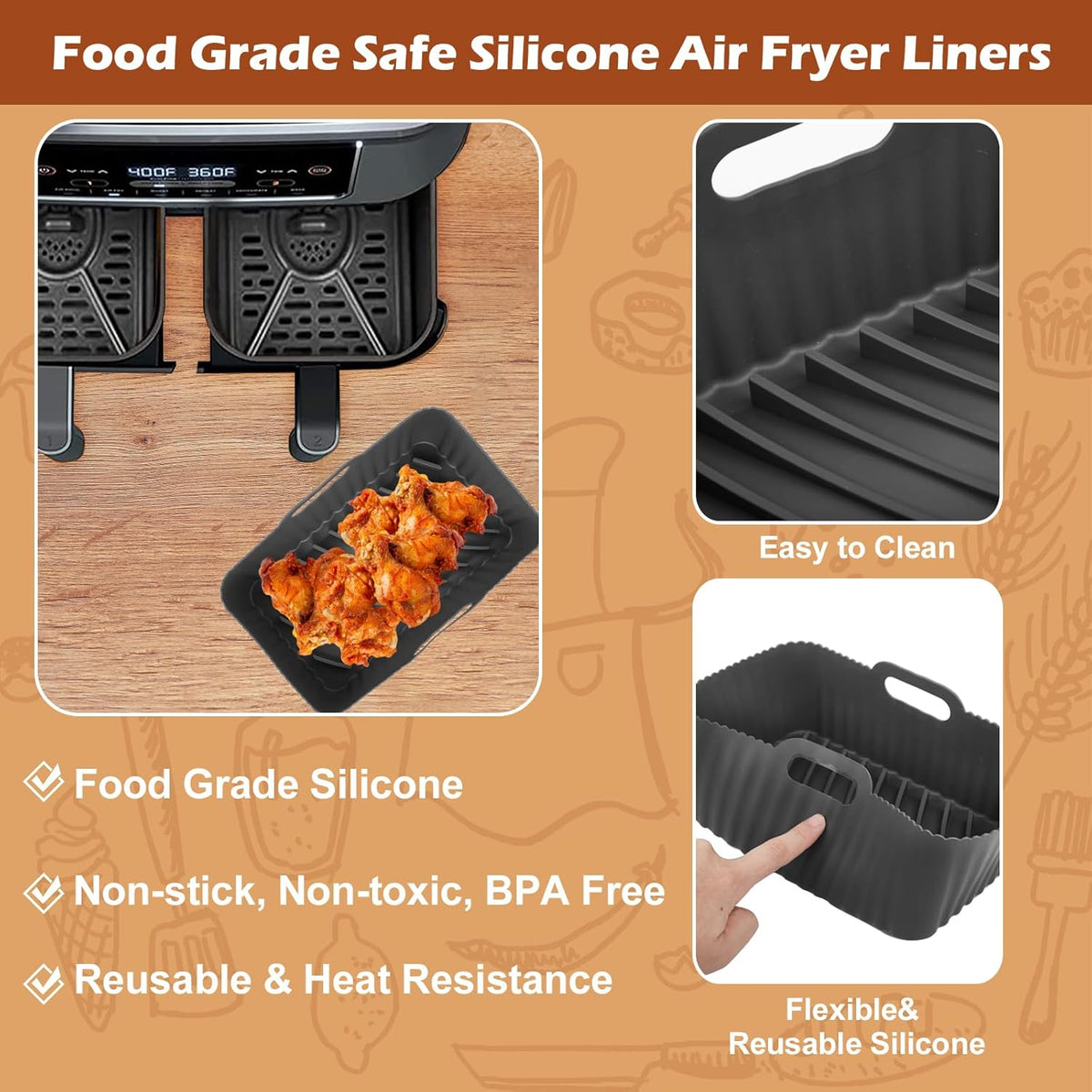 Ninja Foodi Silicone Air Fryer Liners - Non-Stick, Reusable 2-Piece Set for 8 QT Baskets