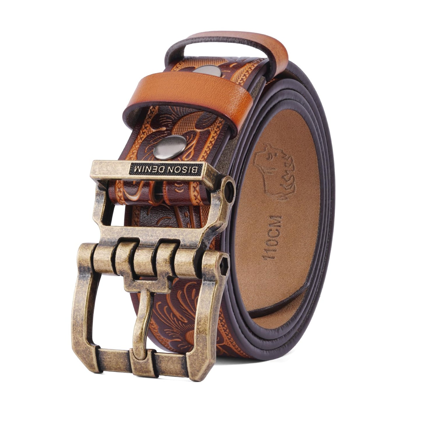 BISON DENIM Men's Genuine Leather Belt, Classic Western Cowboy Dress Belts, Heavy Duty Buckle Jeans Casual Handmade Belt