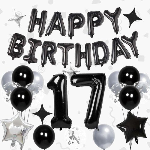 17 Balloon Numbers by [Brand Name] - Happy Birthday Foil Banner & Silver/Black Star Balloons