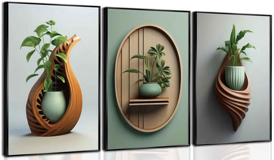 3Pcs Green Plant Floral Canvas Wall Art Modern Plants Potted Flowers Painting Decor Pictures Neutral Floral 2D Bloom Posters Prints for Kitchen Office Living Bathroom Bedroom Decoration No Framesd