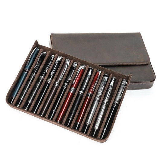 UPRESYE Leather Fountain Pen Case Collector Organizer, Pencil Case Handmade Pen Protective Sleeve (Magnetic 12 slots)