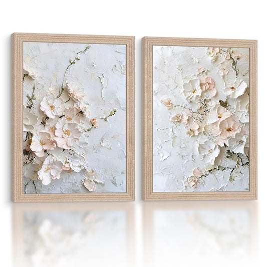 Framed 3D Floral Texture Canvas Wall Art Relief Textured Floral Oil Painting Modern Neutral Floral Poster Gallery Framing Plant Decor Living Room Bedroom 12x16inch x 2 Ready to Hang