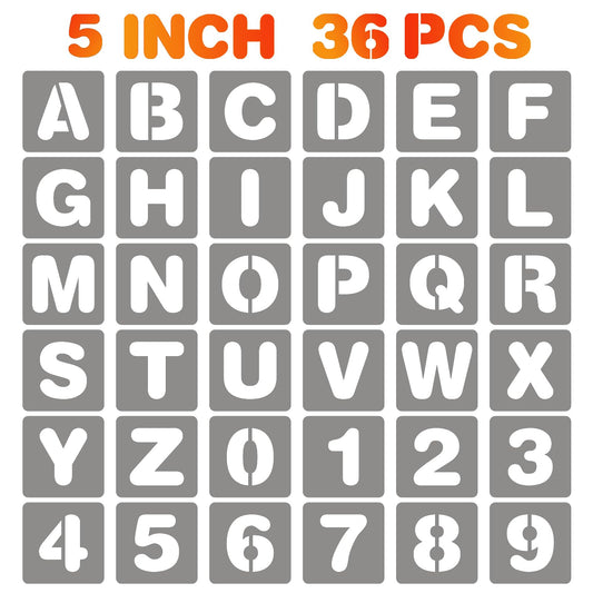 BAMIDELE 5 Inch Letter and Number Stencils, 36 Pcs Reusable Plastic Alphabet Spray Paint Stencils for Painting on Wood, Wall, Fabric, Rock, Chalkboard, Door Porch, Signage, DIY Craft Decoration