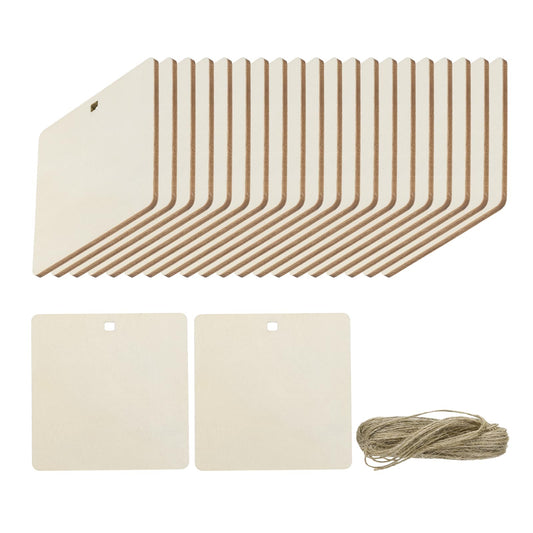 uxcell 36pcs Rounded Rectangle Blank Wood Tags with Hole 3.5 x 3.5 Inch Unfinished Wood Pieces Wooden Gift Tags with 32.8 Ft Rope for Craft Projects, Hanging Decorations, Gift Making