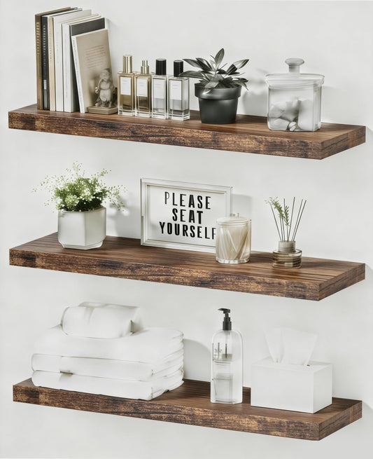 Duvique Easy Install Floating Shelves, 15.7 Inch Wall Mounted Wooden Shelf, Small Hanging Shelf for Home Decor, Books and Storage, Organizer for Bedroom, Bathroom, Kitchen, Set of 3, Vintage Brown