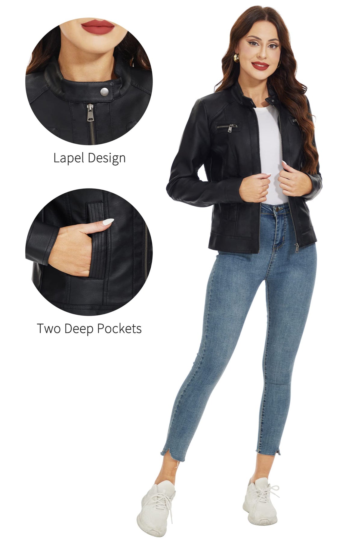 Fahsyee Women's Faux Leather Jackets, Zip Up Motorcycle Short PU Moto Biker Outwear Stand Collar Coat Size L Black