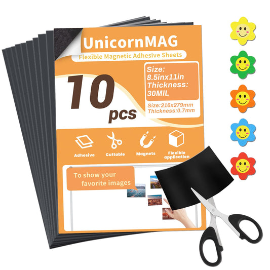UnicornMAG Magnetic Sheets 8.5" x 11" 10 Pack - Flexible Magnet Sheets with Adhesive Backing for DIY Crafts and Photo Magnets,Suitable for School Classroom Boards, Refrigerator and Shelf Labels