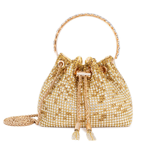 frrbuu Gold Rhinestone Bucket Bag with Drawstring Closure, Crystal Embellished Evening Purse with Chain Strap