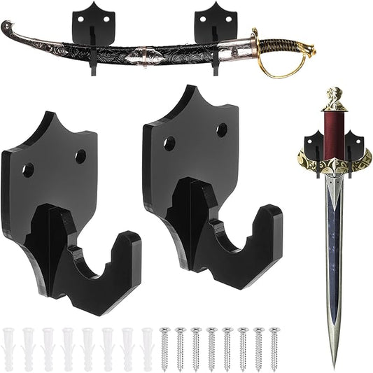 uxcell 2 Pcs Sword Holder Wall Mount Sword Racks Acrylic Wall Sword Display Hanger with Mounting Tools for Knife Martial Arts Sword Placement Display, Black(Shield)