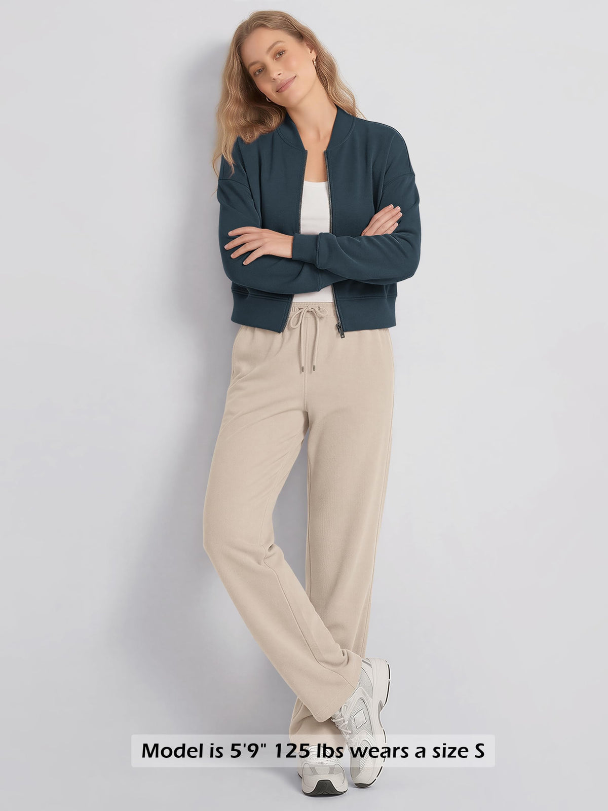 ODODOS Modal Soft Full-Zip Bomber Jacket for Women Long Sleeve Casual Fall Outfit Crop Top with Pockets, Deep Blue, Large
