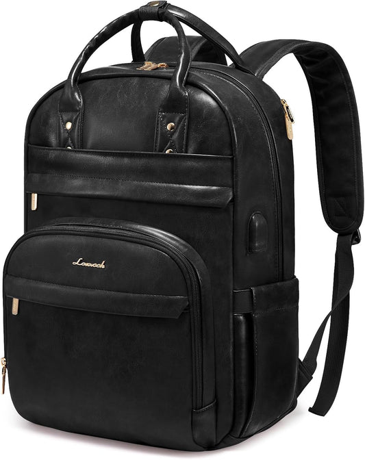 15.6 inch Backpack, 25L, LOVEVOOK Vintage PU Leather Women's Laptop Black, Water Resistant, USB Charging Port
