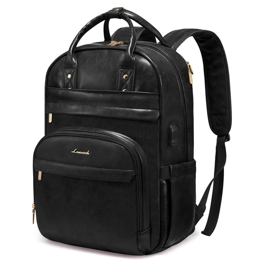 LOVEVOOK Vintage PU Leather 15.6 inch Women's Laptop Backpack, Black, 25L, Water Resistant, USB Charging Port