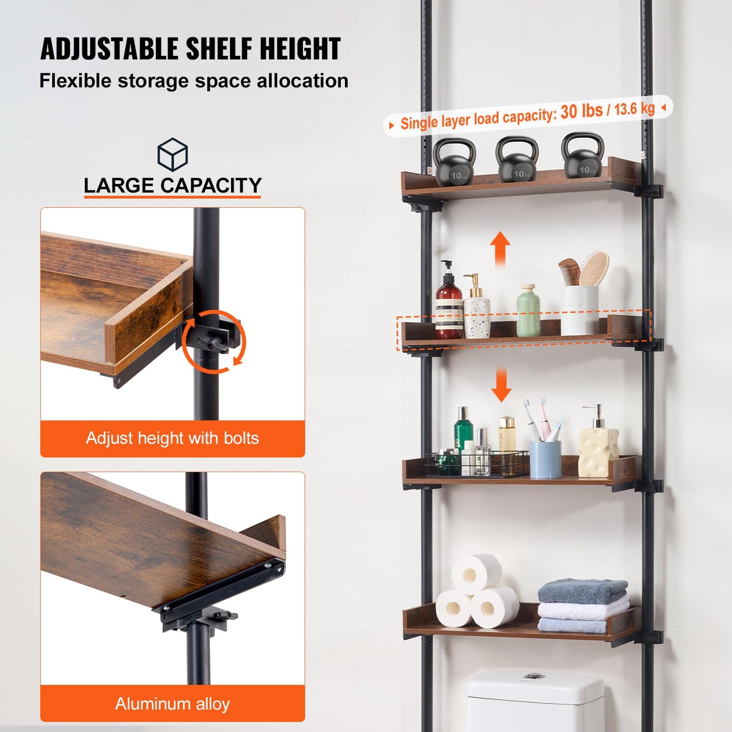 VEVOR Over the Toilet Storage, 4-Tier Adjustable Over Toilet Bathroom Organizer, Low-carbon Steel 53"-132" Tall Storage Shelf Rack, Easy Assembly Laundry Space Saver, for Small Rooms, Fit Most Toilets