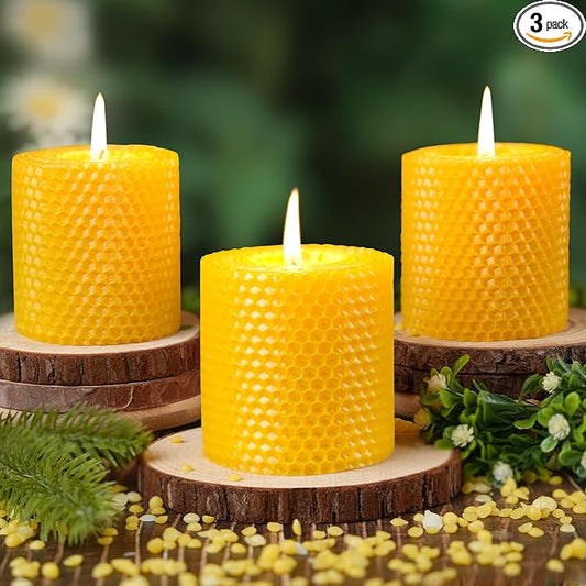 Hand-Rolled Beeswax Candles,2.8x3in-3PCS,All Natural Honeycomb Beeswax Pillar Candles,72 Hours Long Burning Bees Wax Candles for Home,Dripless Smokeless Unscented Honeycomb Pillar Candle