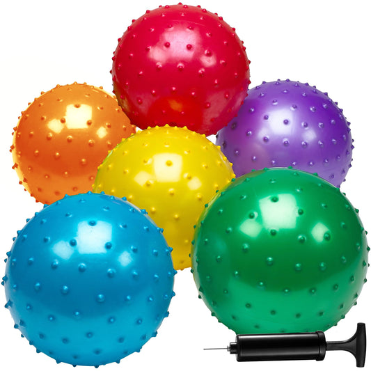 Bedwina Knobby Balls - (Pack of 6) Bulk 7 Inch Sensory and Spiky Massage Stress Balls for Toddlers, with Pump, Fun & Bouncy for Toddler, Kids Party Favors, Stocking Stuffers