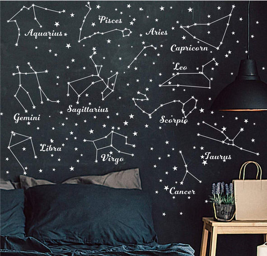 12PCS Zodiac Constellation Wall Stickers for Nursery or Kids Bedroom, Removable Vinyl Celestial Mural Decor Featuring Star Signs, Astronomy Theme Art for Baby Room Walls AM117 (White)
