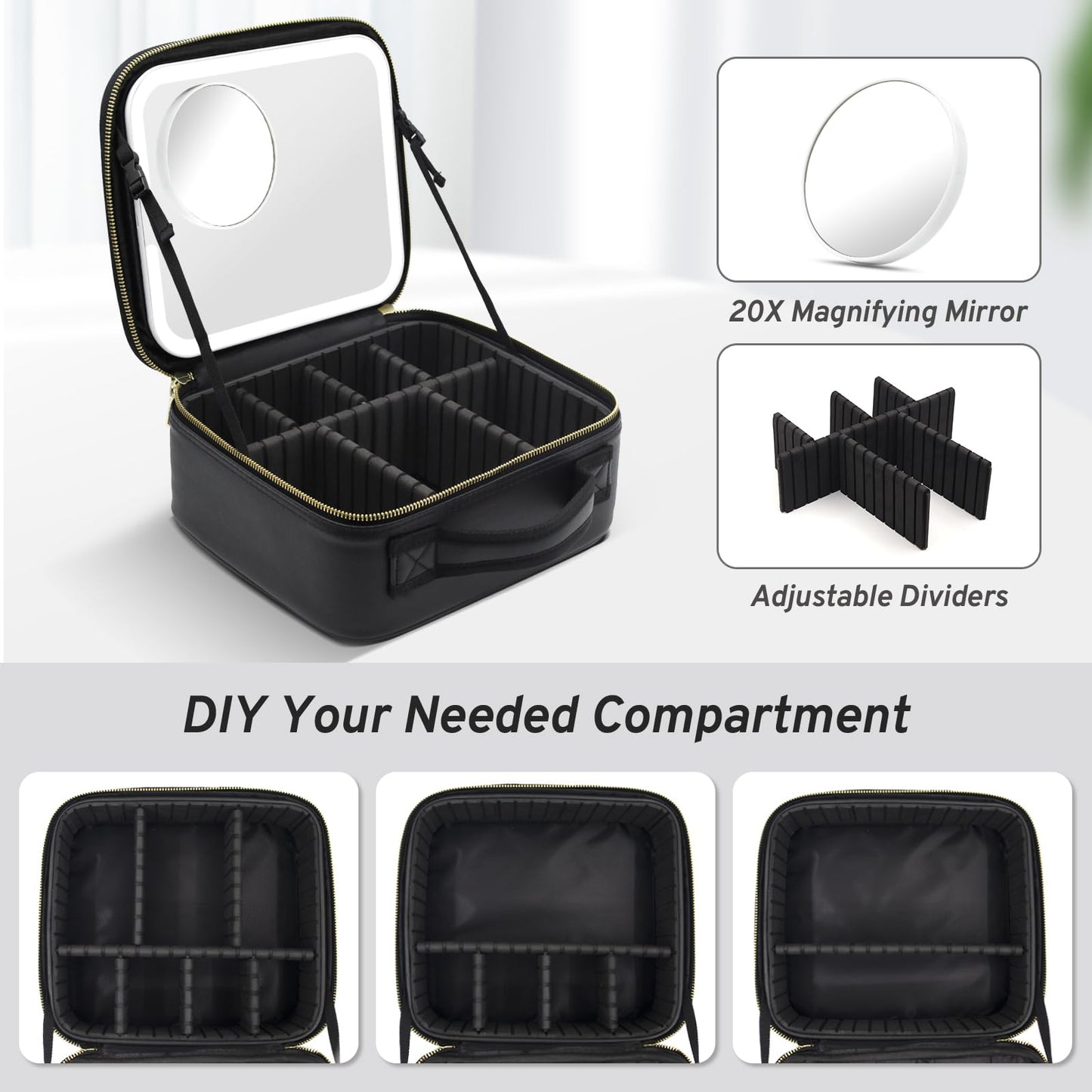Makeup Bag with Magnetic Detachable Lighted Mirror 360° Swivel Angle, Travel Makeup Bag with Lights Portable Makeup Case Organizer with Mirror, Partition Cosmetic Bag Tools Accessories Train Case Gift