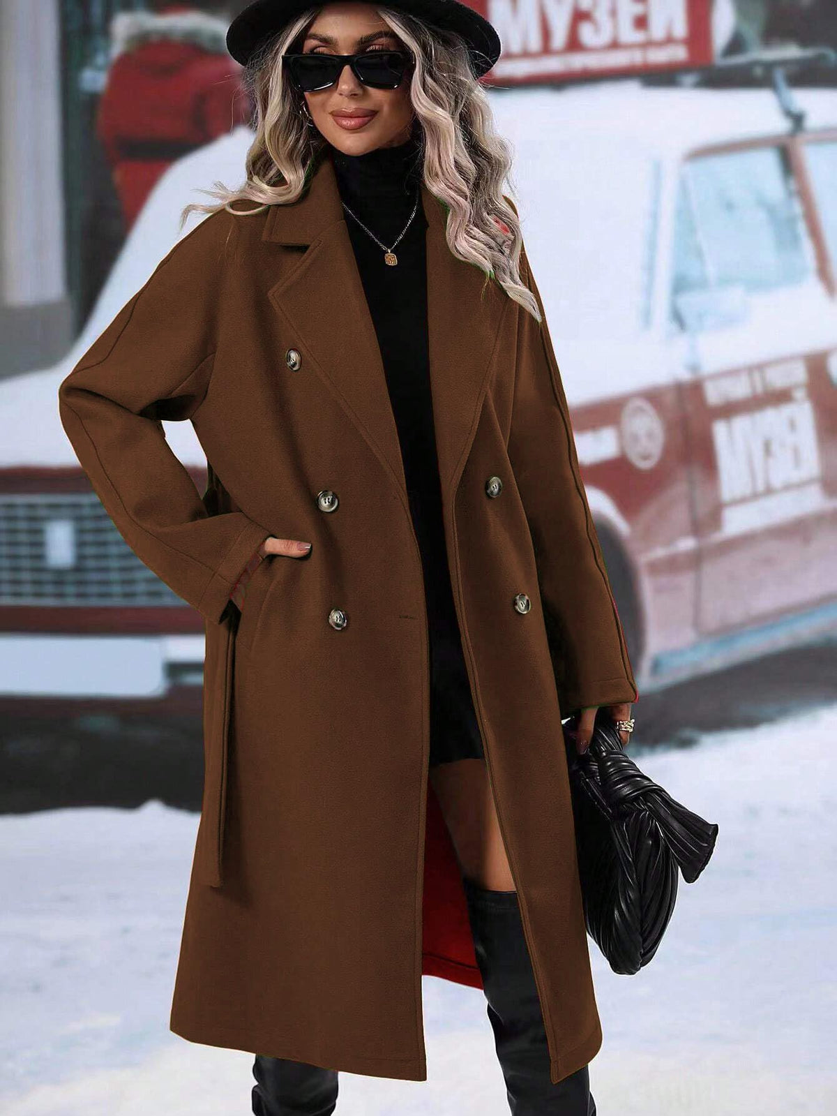 utcoco Womens Long Wool Pea Coat Notched Lapel Double Breasted Trench Coat Winter Warm Overcoat with Belt (Small, Brown)