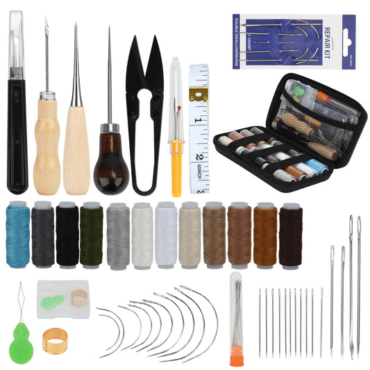 Leather Sewing Kit, Professional Leather Repair Kit with Upholstery Thread, Sewing Awl Hand Sewing Punch Stitching Needles for Craft DIY Tool (B Style)