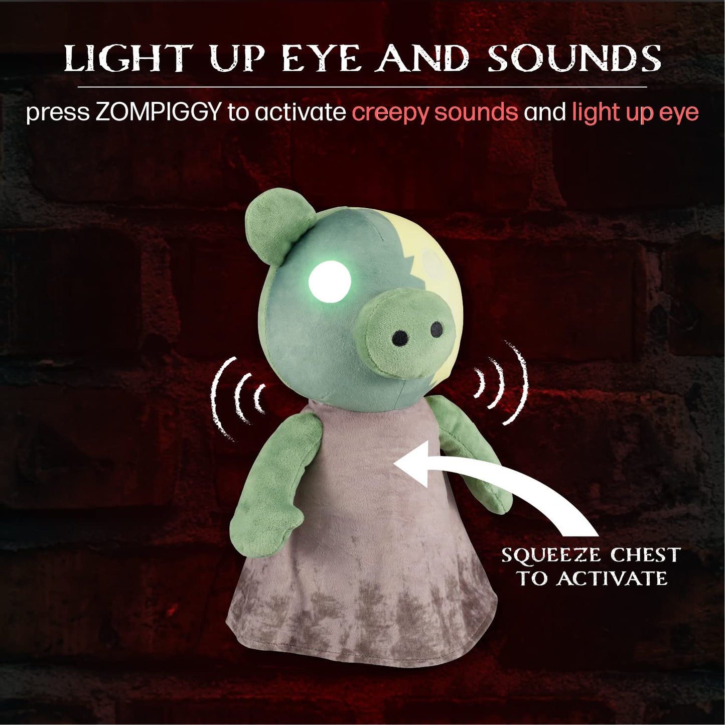 PIGGY ZomPiggy Plush Stuffed Animal Toy with Light Up Eye and Sounds, 13"