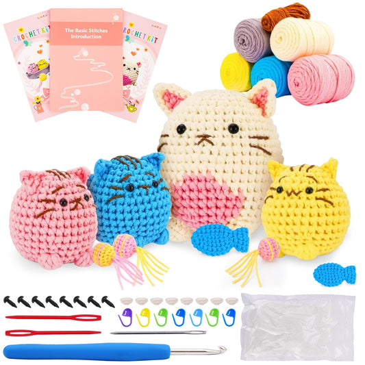 Crochet Kit for Beginners - Learn to Crochet 4 Adorable Cat Amigurumi with Step-by-Step Video Tutorial and Easy Peasy Yarn, Complete Starter Kit for Adults Kids, DIY Craft Gift for Birthday Christmas