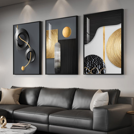 Large Framed Modern Elegant Wall Art for Living Room, 3 Piece Contemporary Luxury Prints Paintings, Black and Gold Abstract Geometric Pictures for Bedroom Entryway Home Office Wall Decor 24x36 In