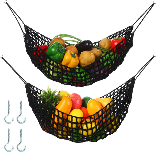 Xuhal 2 Pcs 11.8 x 20 Inch Large Macrame Fruit Hammock Under Cabinet Veggie Banana Hammock Hanging Fruit Basket Saves Counter Space for Kitchen Hand-woven Lace Hanging Basket (Black Style)