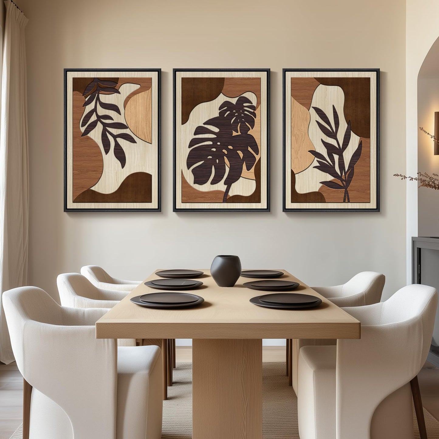 Framed Textured Wood 3D Wall Art for Living Room, Large Boho Tropical Brown Artwork for Walls, 3 Piece Farmhouse Botanical Leaf Wood 3D Textured Wall Art Decor for Office Bedroom Hallway, 24x36 Inch