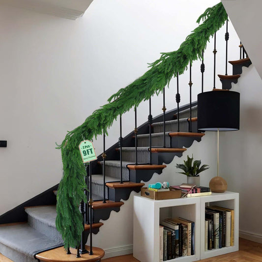 【Extra Full】 2Pcs 9FT Christmas Norfolk Pine Garland, Greenery Real Touch Decorations for Mantle Table Staircase Fireplace Mantel Porch Holiday Home Faux Xmas Winter Indoor Outdoor Decor