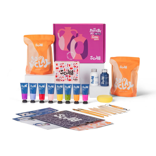 Sculpd - The Original Pottery Kit for Adults - Air Dry Clay for Adults, Tools, Varnish, Paints, Brushes, Couples Date Night Arts & Crafts Set, Gloss Varnish with Floral Tones