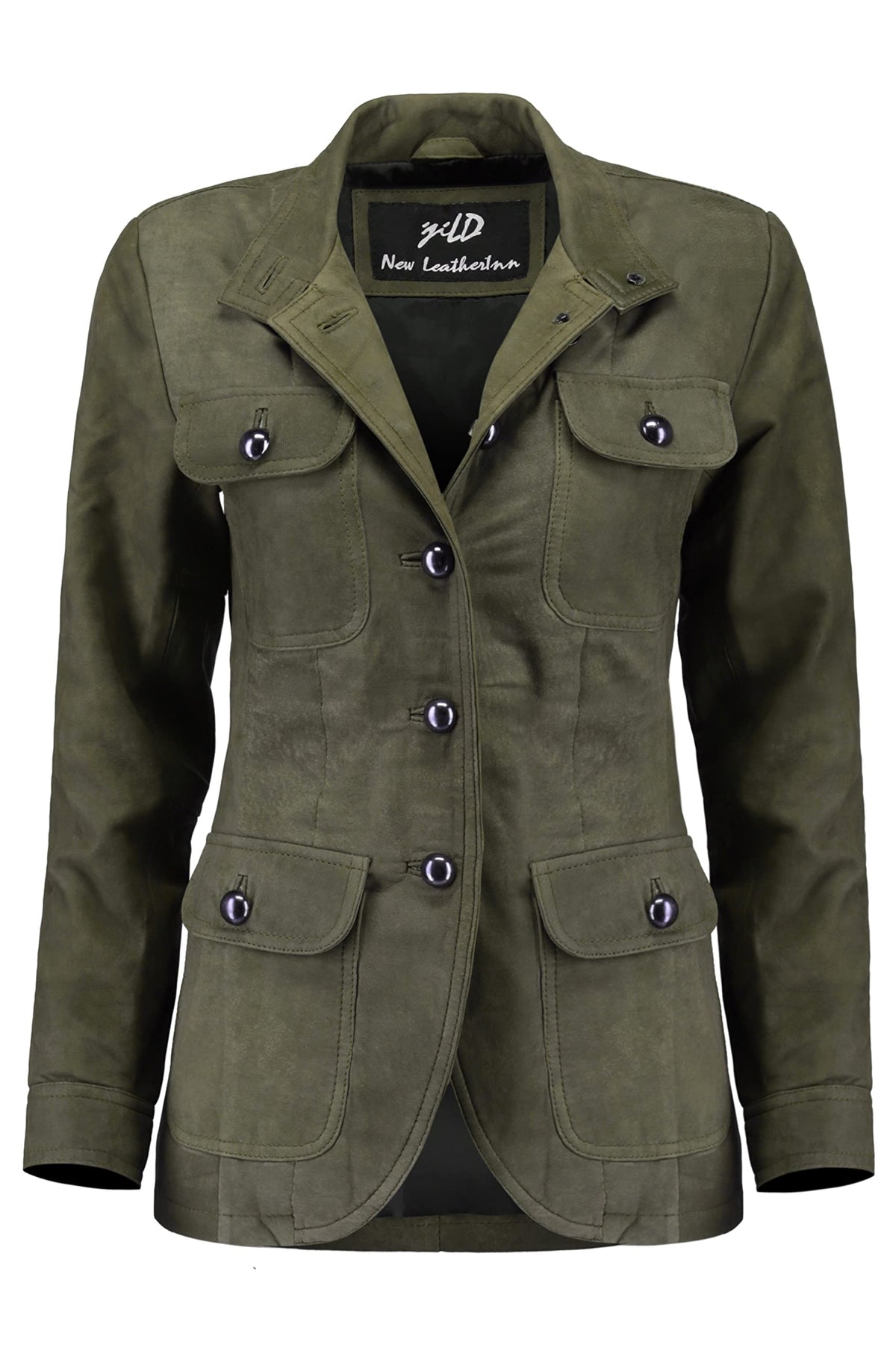 Jild Fancy 5-Button Four Pocket Double Back Slit Leather Blazer Women - Vintage Suede Look Cuff Sleeves Leather Jacket Women (ZC-Green-3XL)