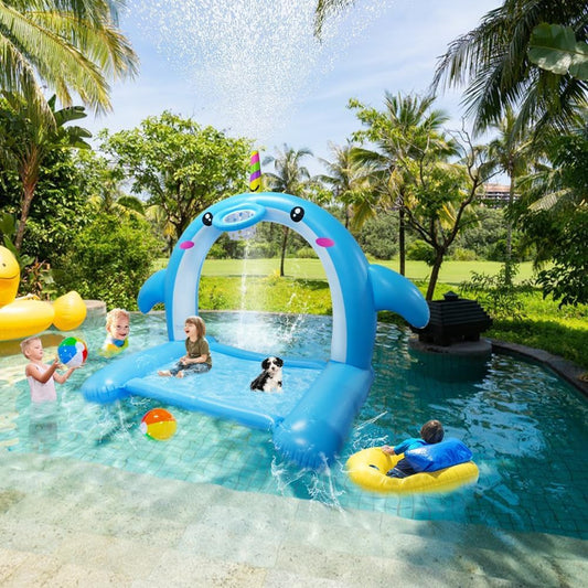 8.7FT Inflatable Whale Sprinkler Water Toys with Basketball Hoop Arch, 3-in-1 Large Splash Pad for Kids & Dogs, 16 LED Lights, Thickened Mat Toys for Outdoor Backyard & Garden Summer Fun
