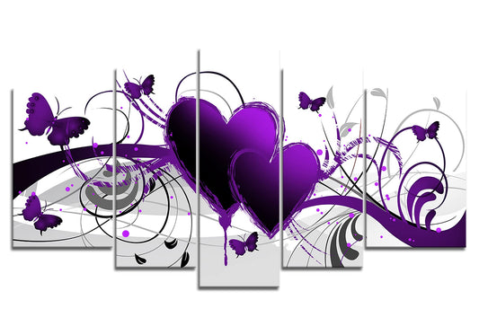 Yeawin Purple Love Butterfly Wall Art Purple Heart The Picture Print On Canvas 5 Panels Modern Abstract Artwork The Canvas for Home Living Dining Room Kitchen(Wrapped Canvas Wall Art,Ready to Hang)