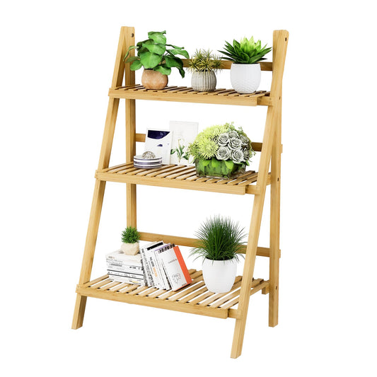 Foldable Ladder Shelf 39.4", Plant Shelf 3 Tier, Bamboo Ladder Flower Pot Display Shelf, Freestanding Ladder Bookshelf for Living Room, Balcony, Yard, Garden, 23.6"W x 15"D x 39.4"H, Natural
