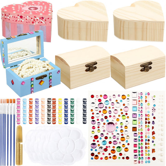 Kigley 6 Pack Paint Your Own Wooden Jewelry Box DIY Crafts Kits Heart Treasure Box Kit Unfinished Arts and Craft for Ages 3-12 Year Old Girls Boys Birthday Gifts Valentines Mother's Day Favors