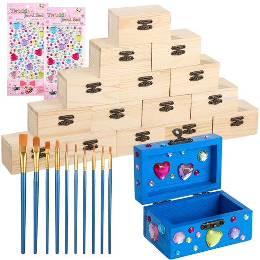 OMISTAR 27 Pcs Small Wooden Boxes Set with 10 Paint Brushes and Stickers, Small Wooden Boxes 3.5 x 2.2 x 2 in, DIY Craft, Storage, Art, Painting, Party Favors, Gifts