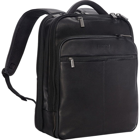 Kenneth Cole Reaction Manhattan Colombian Leather Slim 16" Laptop & Tablet Checkpoint-Friendly Anti-Theft RFID Business Book Bag Backpack, Black