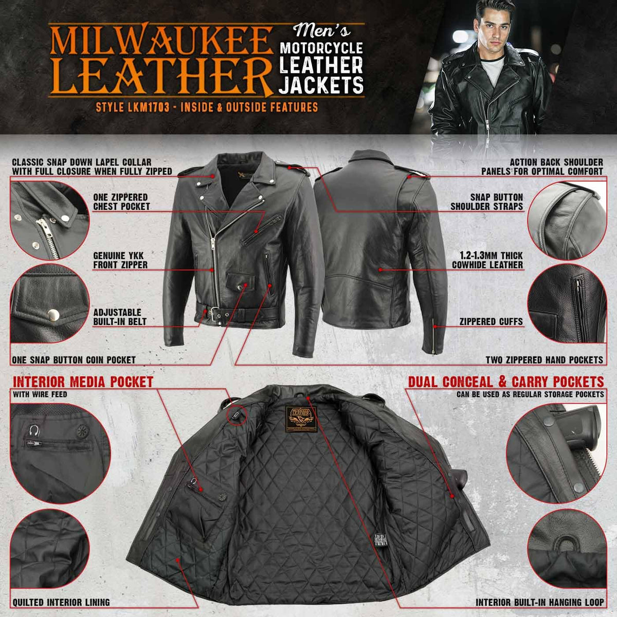 Milwaukee Leather Men's Classic Premium Leather Motorcycle Biker Riders Jackets - X-Small