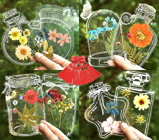 LiveOnce 60pcs DIY Dried Flower Bookmarks - Transparent PET Bookmark Kits with Tassels, Clear Sticky Sheets for Pressed Flowers, Leaves, Nature Craft, Gifts (10.5x7.5cm)