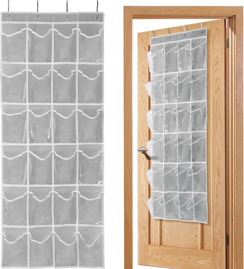GOMAJI Over The Door Shoe Organizer - 24 Pocket Space-Saving Storage Holder, Gray (64" X 19")