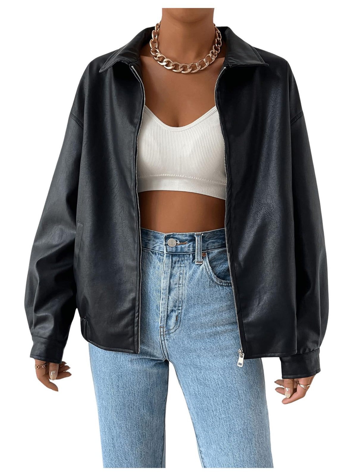 MakeMeChic Women's Faux Leather Shacket Long Sleeve Zip Up Motorcycle Jacket Biker Coat Black S