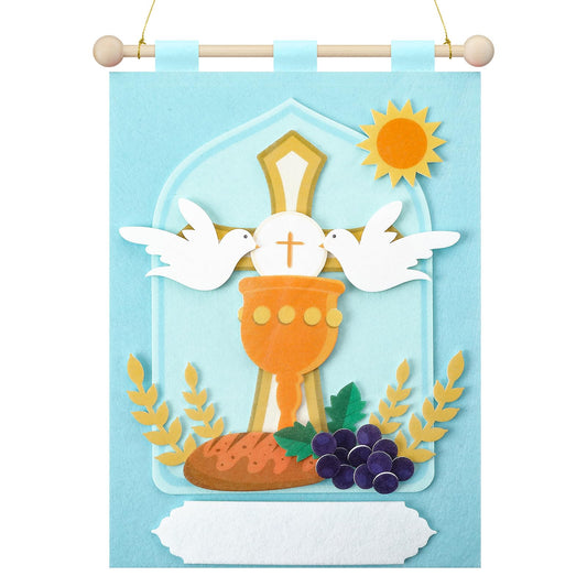 Wettarn First Communion Banner Kit for Boys Girls 9 x 12 Catholic Christian Religious Crafts Felt DIY Holy Communion Banner for Kids Sunday School Church Activity Baptism Party Decoration(Light Blue)