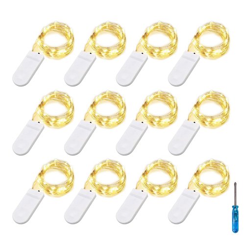BXROIU Fairy Lights CR2032 Battery Operated,6.6Ft/2Meter 20 LEDs Micro Silver Wire String Lights for Bedroom Christmas Party Wedding Decoration(Warm White, 12 Pack)