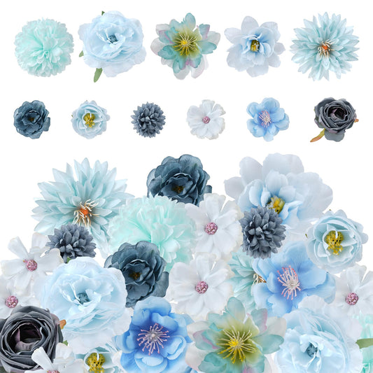 Haakong 27 Pcs Small Silk Artificial Faux Flowers for DIY Craft Supplies for Wedding Party Graduation Home Decor (Blue)