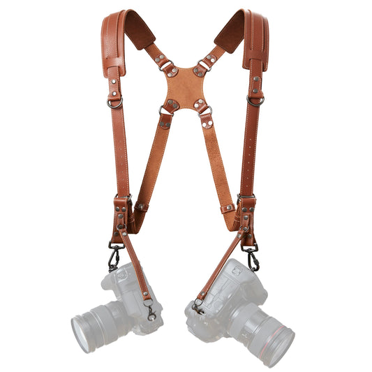 Padwa Lifestyle Tan Dual Camera Harness Strap for Two-Cameras - Dual Shoulder Full Grain Leather Harness,Multi Double Camera Gear for DSLR/SLR Strap,Double Camera Harness for Photographers