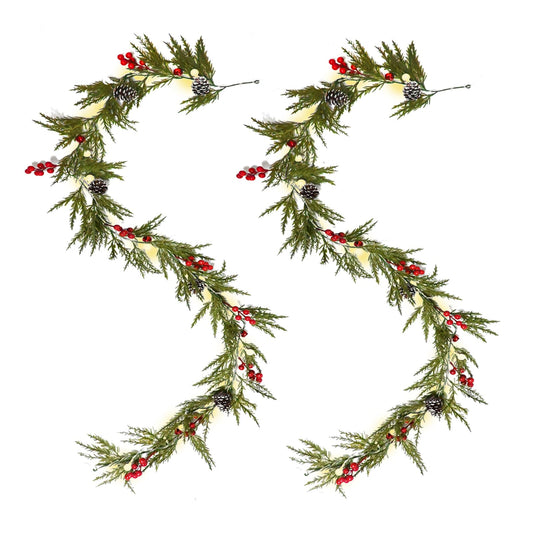 Christmas Garland 12FT 40 LED Bulbs Cypress Pine Garland with Lights Battery Operated with Bells Red Berries Pinecones Green Garlands Decoration for Xmas Holiday Thanksgiving New Year Home Decor