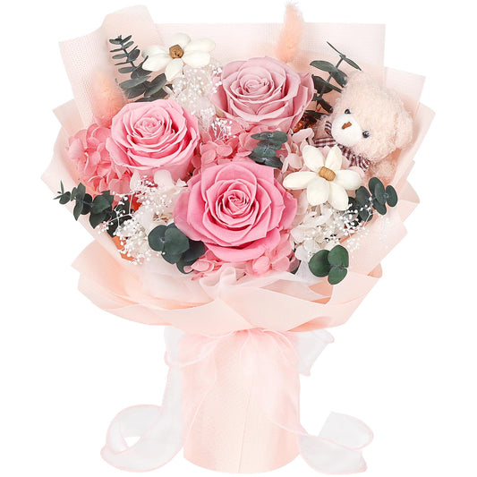 Preserved Flowers Bouquet with Bear, 3 Real Forever Flowers for Delivery, Long-Lasting Pink Eteranl Roses Bouquet, Mothers Day Gifts for Mom Grandma, Anniversary Birthday Gifts for Women Girlfriend