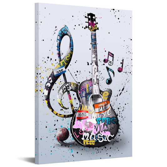 KREATIVE ARTS Guitar Canvas Painting for Music Studio and Room Decor Framed Artwork Graffiti Style Music Note Wall Art 16x24 Inch Stretched Canvas Ready to Hang