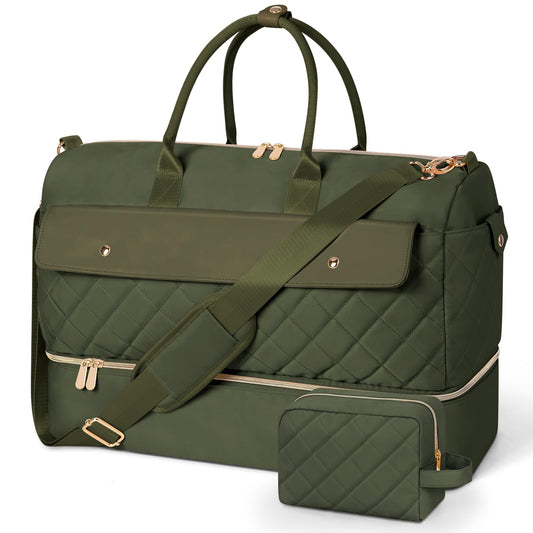 Wedama Travel Duffel Bag, Large Weekender Bag for Women with Shoe Compartment, Carry on Overnight with Toiletry Makeup Bag for Travel Gym Camping Hospital, Green